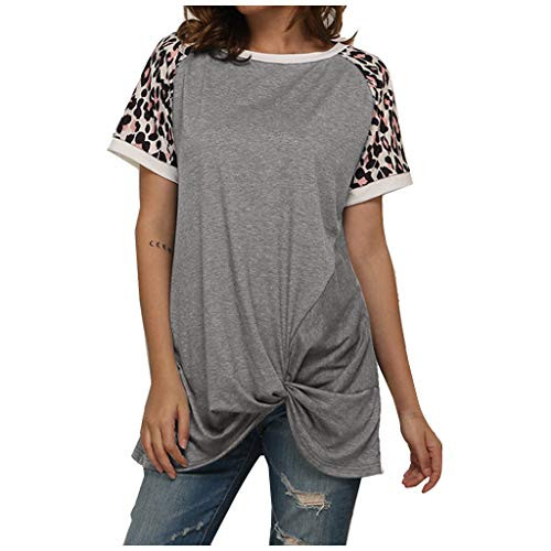 Aniywn Short Sleeve Leopard Color Block T Shirt Tunic Comfy Round Neck Casual Women Knotted Tops Blouse Gray