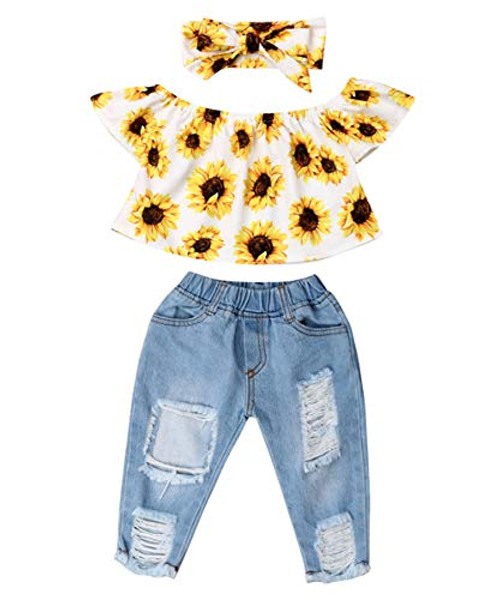 3Pcs Set Toddler Baby Girls Off Shoulder Ruffle Top Blouse Plus Ripped Hole Jean Denim Pants Plus Headband Outfit Clothing Set Sunflowers 12-18 Months 3Pcs Set Toddler Baby Girls Off Shoulder Ruffle Top Blouse Plus Ripped Hole Jean Denim Pants Plus Headband Outfit Clothing Set Sunflowers 12-18 Months