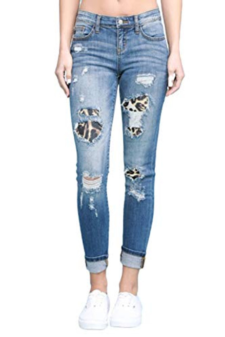 Judy Blue Women s Leopard Patch Skinny Jeans  11   Style  8265  Blue