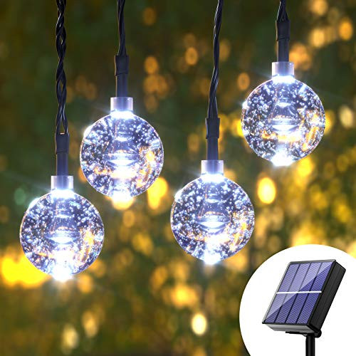 Solar White Globe String Lights - 36ft 8 Mode 60 LED Crystal Solar Powered String Lights Ball Bulb Waterproof Hanging Patio Lights for Christmas  Garden  Yard  Canopy  Outdoors Xmas Decorations