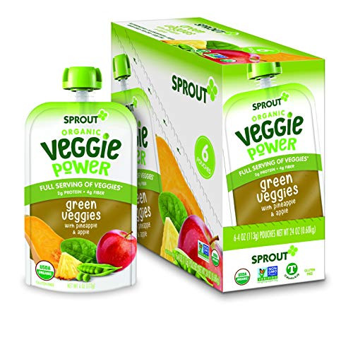 Sprout Organic Baby Food Toddler Veggie Power Pouches Stage 4  Organic Green Veggies with Pineapple  and  Apple  4 Ounce Pouches  Pack of 12