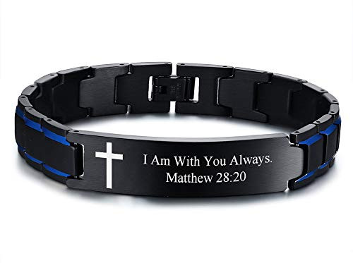 MEALGUET Stainless Steel 2-Tone Black Blue Scripture Wristband Bible Verse Faith Spiritual Reminder Christian Bracelet for Men