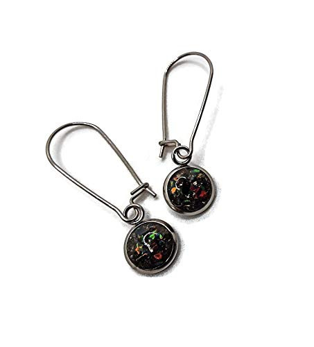 October Birthstone Black Rainbow Opal Confetti Drop Earrings Stainless Steel