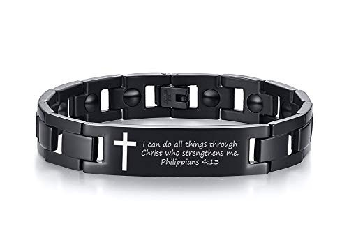 MEALGUET Stainless Steel Hematite Bible Verse Bracelet Motivational Quotes Message Scripture Faith Christian Wristband Religious Jewelry Gift for Men