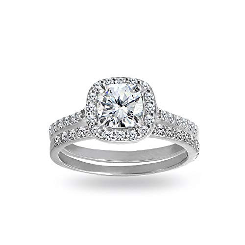 Sterling Silver Cubic Zirconia Cushion-cut Halo Bridal Wedding Band Engagement Ring Set  Size 8