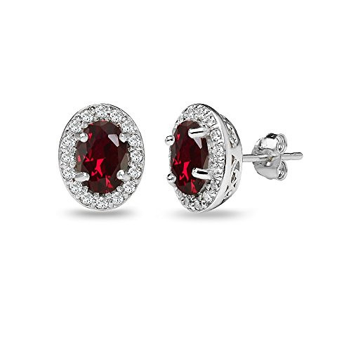 Sterling Silver Synthetic Ruby and White Topaz Oval Halo Stud Earrings with White Topaz Accents Sterling Silver Synthetic Ruby and White Topaz Oval Halo Stud Earrings with White Topaz Accents