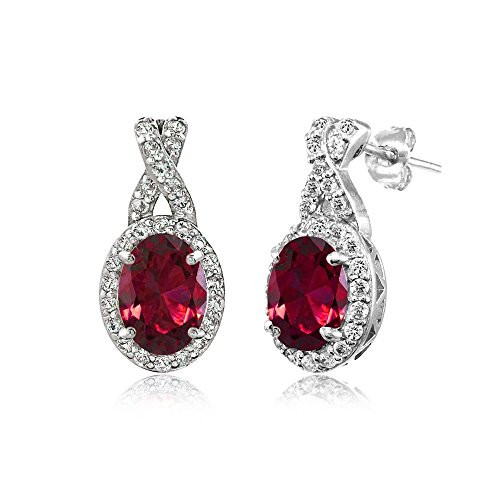 Sterling Silver Synthetic Ruby and White Topaz Oval and X Drop Earrings Sterling Silver Synthetic Ruby and White Topaz Oval and X Drop Earrings