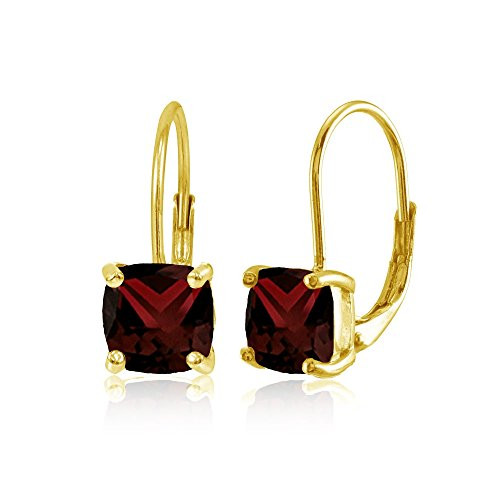 Yellow Gold Flashed Sterling Silver Garnet 7x7mm Cushion-Cut Leverback Earrings