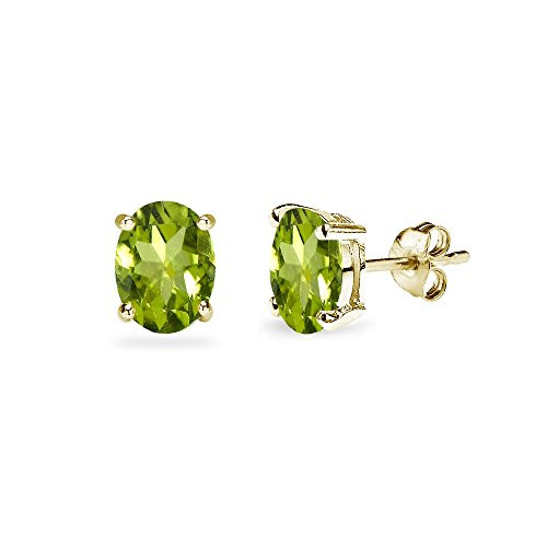Yellow Gold Flashed Sterling Silver Peridot 6x4mm Oval-Cut Solitaire Stud Earrings