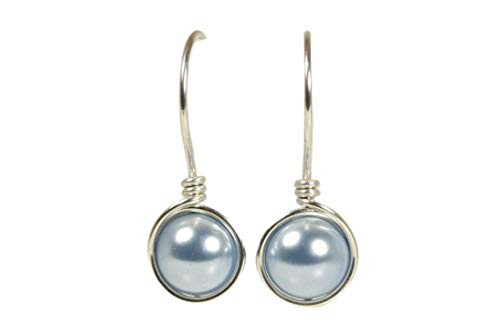 Sterling Silver Light Blue Pearl Earrings with Swarovski Pearls Wire Wrapped
