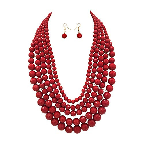 5 Layered Beaded Statement Chunky Necklaces For Women - Multi Strand Colorful Bead Layered Bib Necklace For Women Fashion Jewelry Costume Earring Set  Red 5 Layered Beaded Statement Chunky Necklaces For Women - Multi Strand Colorful Bead Layered Bib Necklace For Women Fashion Jewelry Costume Earring Set  Red