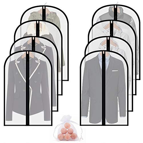 homeminda Moth Proof Garment Bag 8packs 40in Clear Suit Dust Cover Hanging Lightweight Breathable with Cedar Balls and Study Full Zipper for Storage Clothes and Trave