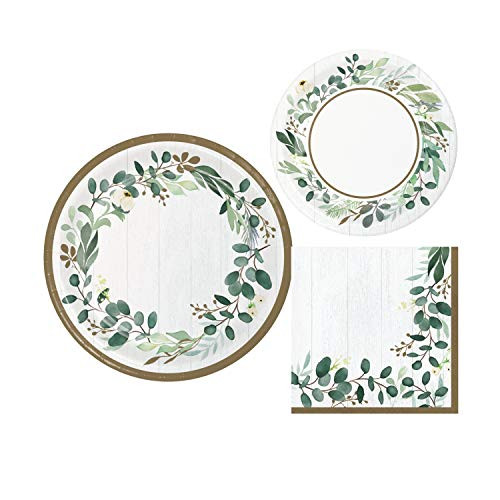 Farmhouse Eucalyptus Greenery Themed Party Supplies - Bundle Includes Paper Plates and Napkins for 8 Guests
