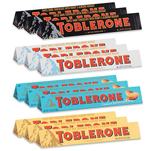 Toblerone Swiss Chocolate Variety Pack Milk Chocolate Dark Chocolate White Chocolate and Crunchy Salted Caramelized Almond Valentine s Chocolate 12 - 3.52 oz Bars Toblerone Swiss Chocolate Variety Pack Milk Chocolate Dark Chocolate White Chocolate and Crunchy Salted Caramelized Almond Valentine s Chocolate 12 - 3.52 oz Bars