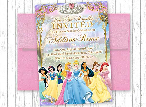 10 Disney Princess Elegant Gold Swirls Crown Jasmine Snow White Mulan Sleeping Beauty Cinderella Pocahontas Belle Ariel Birthday Party Invitations ANY AGE 10 Disney Princess Elegant Gold Swirls Crown Jasmine Snow White Mulan Sleeping Beauty Cinderella Pocahontas Belle Ariel Birthday Party Invitations ANY AGE