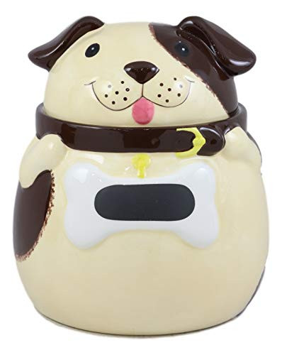 Ebros Ceramic Adorable Fat Puppy Dog With Brown Eye Patch Cookie Jar 7.25 inch Tall Decorative Kitchen Accessory Figurine As Decor of Dogs Puppies With Painted Bone Collar