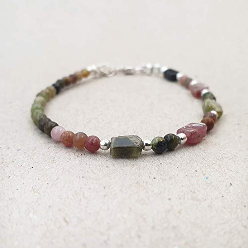 Watermelon Tourmaline Crystal Bracelet Rectangle Round Beads Sterling Silver Jewelry for Women
