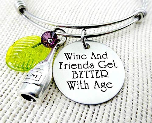 Wine and Friends Get Better With Age Engraved Bangle Bracelet