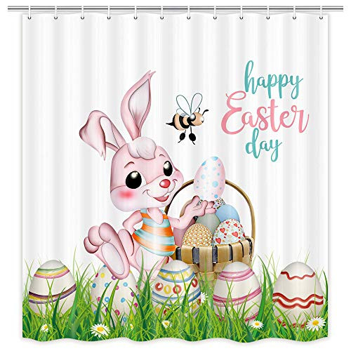 MERCHR Easter Shower Curtain  Cute Rabbit Colorful Easter Eggs Spring Festival Bathroom Curtains  Cloth Fabric Bath Curtains with Hooks Set  71 X 71 Inches