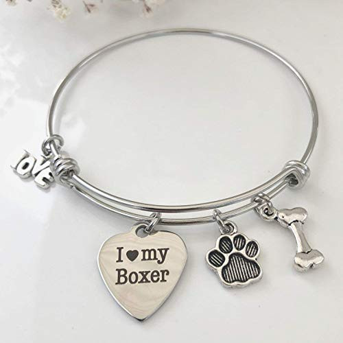 I Love My Boxer Dog Bracelet - Expandable Charm Bangle for Her - Gift for Pet Mom