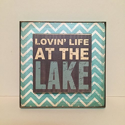 LAKE SIGN rustic wood block for Lake Cabin Home Wall decor LOVIN  LIFE AT THE LAKE Caribbean Blue  Yellow  Tan 6X6 loving love life