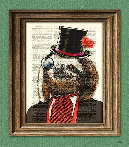 Dandy Sloth With Top Hat and Monocle In Suit Illustration Beautifully Upcycled Dictionary Page Book Art Print