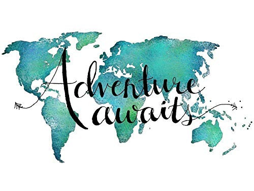 Adventure Awaits Teal World Map Art Print Travel Quote Home Decor 8x10 Inches Unframed