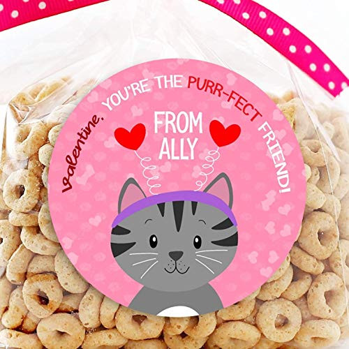 Cat Valentine s Day Personalized Stickers - Kitty Valentine Favor Stickers - Valentine s Day Treat Bags - Sheet of 12 or 24