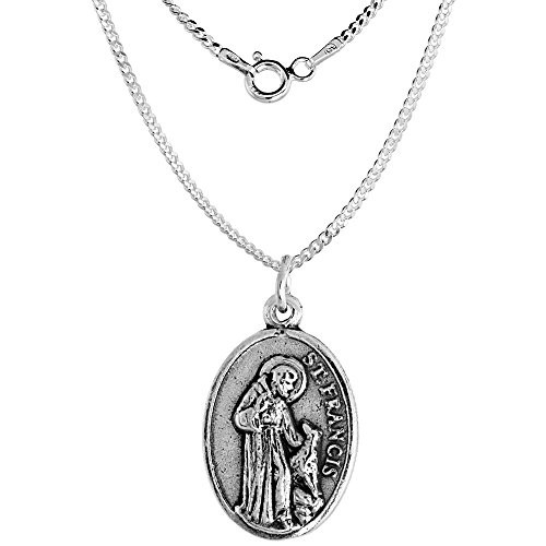 Sterling Silver St Anthony  and  St Francis Medal Double-Sided Necklace Oval 18 inch
