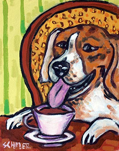 Beagle at the coffee shop cafe art animal dog art print with light green background
