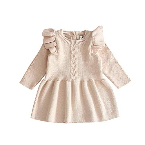 Toddler Baby Girl Knit Sweater Dress Kids Solid Color Ribbed Ruffle Long Sleeve Dresses Top Fall Winter Outfits  C-Apricot  3-6M