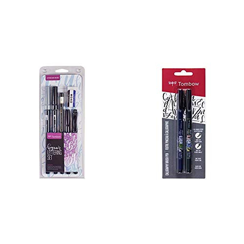 Tombow 56190 Beginner Lettering Set. Includes Everything You Need to Start Hand Lettering and  62038 Fudenosuke Brush Pen  2-Pack. Soft and Hard Tip Fudenosuke Brush Pens for Calligraphy and Art Drawings