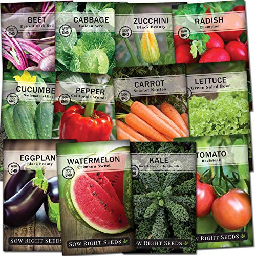Sow Right Seeds - Classic Vegetable Garden Seed Collection for Planting - Non-GMO Heirloom Beets  Cabbage  Carrot  Cucumber  Eggplant  Kale  Lettuce  Tomato  Peppers  Radish  Watermelon  and Zucchini