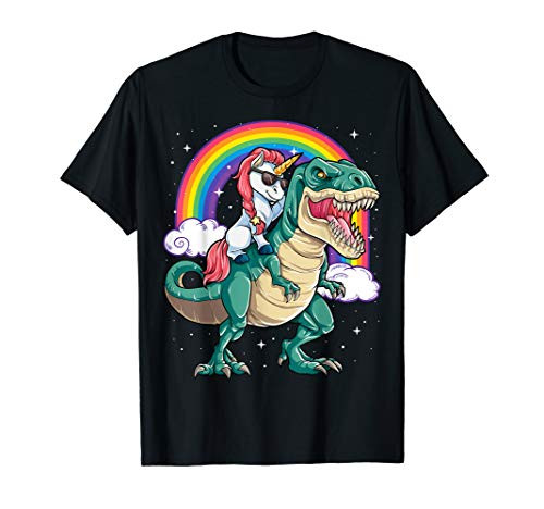 Unicorn Riding T rex Shirt Dinosaur Boys Girls Kids Gift Men