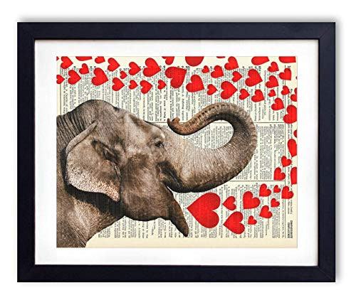 Elephant With Hearts Upcycled Vintage Dictionary Art Print 8x10