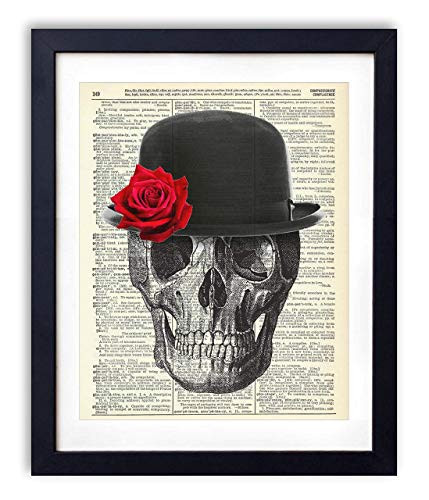 Gentleman Skull With Red Rose Vintage Upcycled Dictionary Art Print 8x10 inches  Unframed