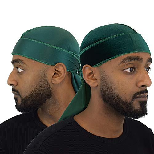 Wayvee Crowns 2Pack Premium Durags For Men Waves   1 Velvet Durag   1 Silk Durag  Green