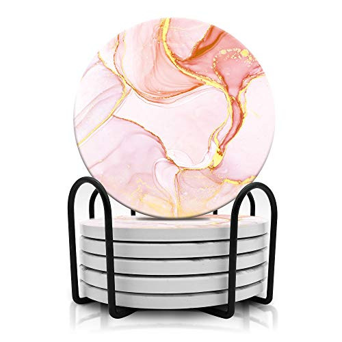 Dooke Coasters for Drinks  Round Absorbent Ceramic Stone Coasters Set of 6 with Cork Base  Funny Drink Coasters with Holder for Cold Drinks Wine Mugs and Cups Tabletop Protection  4 Inches Rose Gold