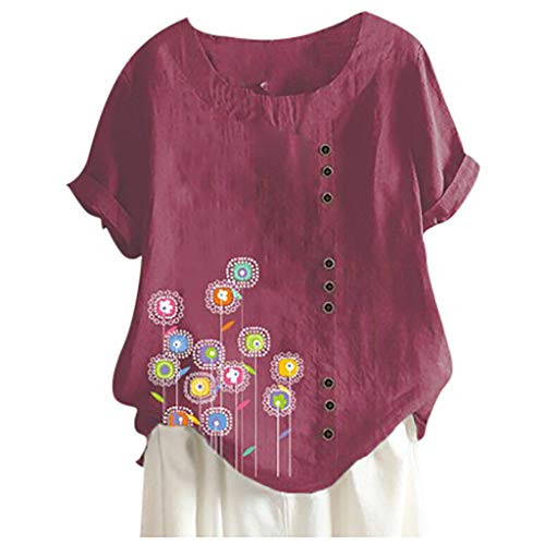 HGWXX7 Plus Size Women Short Sleeve O-Neck Floral Print Casual Loose Tunic Pullover T-Shirt Button Tops Blouse Red