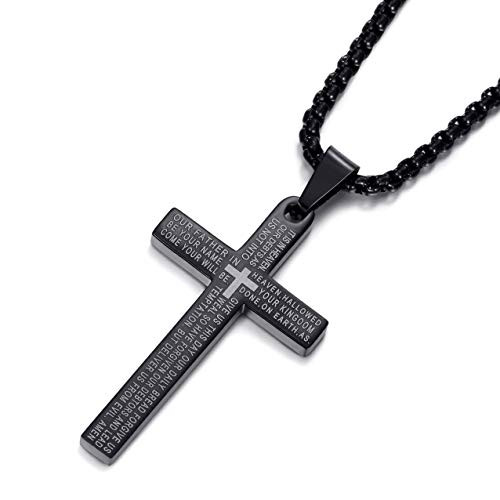 MOO and LEE Black Cross Necklace for Men and Boys Lord s Prayer Cross Pendant with 24 Inches Stainless Steel Link Chain MOO and LEE Black Cross Necklace for Men and Boys Lord s Prayer Cross Pendant with 24 Inches Stainless Steel Link Chain