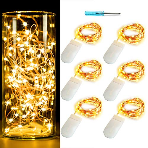 OakHaomie 6PCS 7Feet Starry String Lights Fairy Lights Battery Operated with 20 Micro LEDs On Copper Wire. 2pcs CR2032 Incl   Works for Wedding Centerpiece Party Table Decorations  Copper Warm White