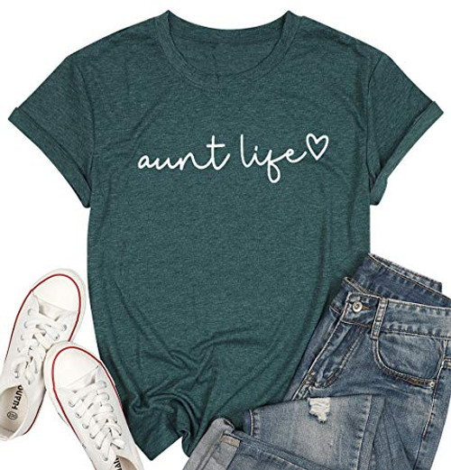 Aunt Life T Shirt Auntie Shirts Women Cute Heart Aunt Vibes Shirt Casual Short Sleeve Aunt Gift Shirts Tops  Green-1  M