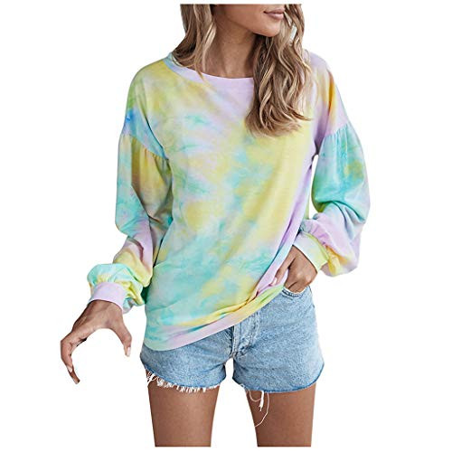 GDJGTA Tie-dye Print Pullover Shirt for Women Basic Lace Stitching Long Sleeve Crewneck Casual Top Tee Shirts Blouse