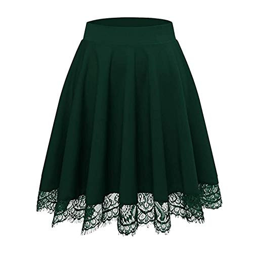 Women s Basic Versatile Stretchy Flared Casual Mini Skater Lace Patchwork Hem Skirt A-Line Stretch Waist Pleated Skirts Green