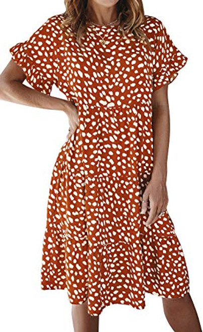 Womens Floral Boho Midi Dress Short Sleeve Casual Summer Knee Length Flowy Dress Orange-2 S