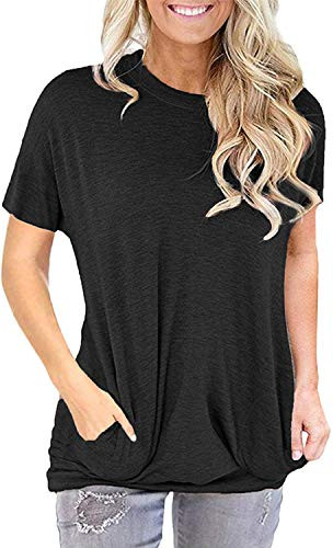 Women s Long Sleeve Round Neck Casual Blouse With Pocket Solid Color Sweatshirt Pullover Loose Tunic Tops T Shirt  L  A Short Sleeve Black