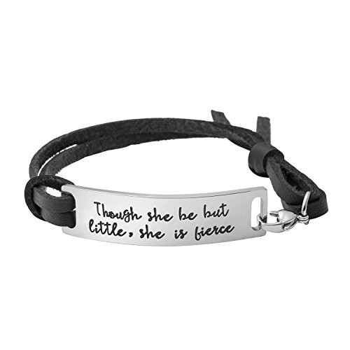 Yiyang Motivational Gift Inspirational Leather Bracelet Adjustable Bangle Jewellery Stainless Steel  Though she be but Little  she is Fierce-Black
