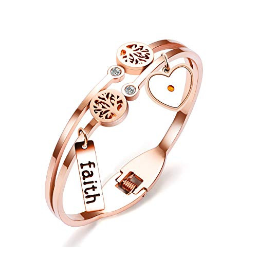 Uloveido Rose Gold Plated Tree of Life Bangle Cuffs Faith Mustard Seed Pendant Charms Stainless Steel Open Bracelet for Women Y1028 Uloveido Rose Gold Plated Tree of Life Bangle Cuffs Faith Mustard Seed Pendant Charms Stainless Steel Open Bracelet for Women Y1028