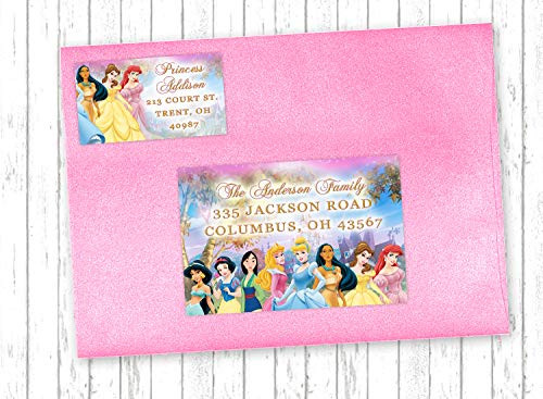 10 10 Disney Princess Jasmine  Snow White  Mulan  Sleeping Beauty  Cinderella  Pocahontas  Belle  Ariel ANY AGE Birthday Party RETURN  and  GUEST Address Labels