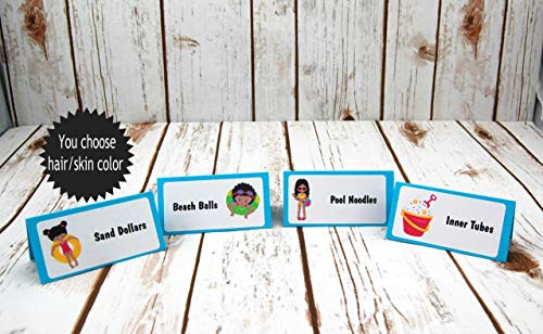 10 Pool Party Name Tags  Swim Party Birthday Buffet Labels  Beach Party Food Tags  Tent Labels  Choose Hair Skin Color